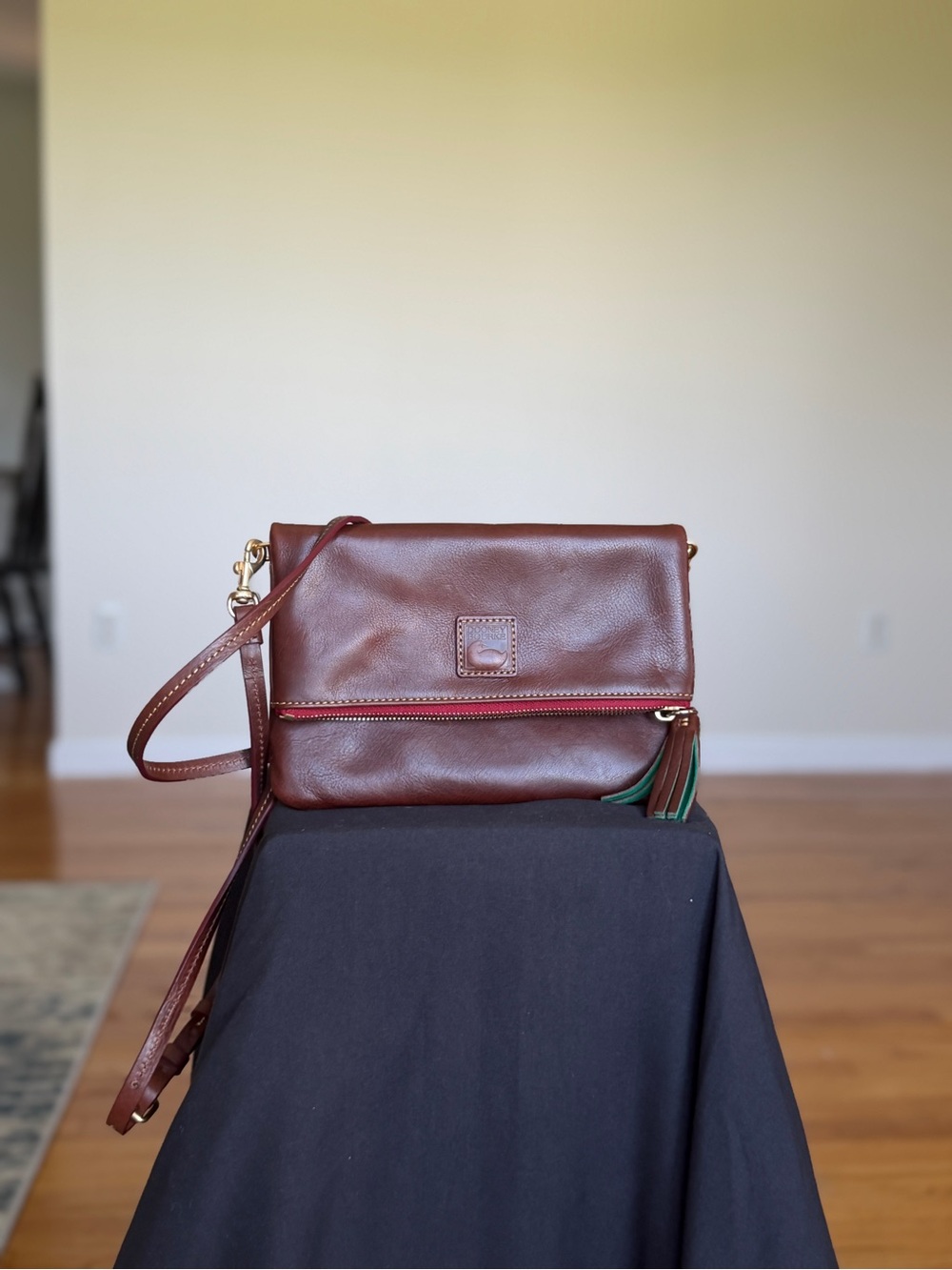Dooney & Bourke Brown Leather Fold-Over Crossbody with Tassel